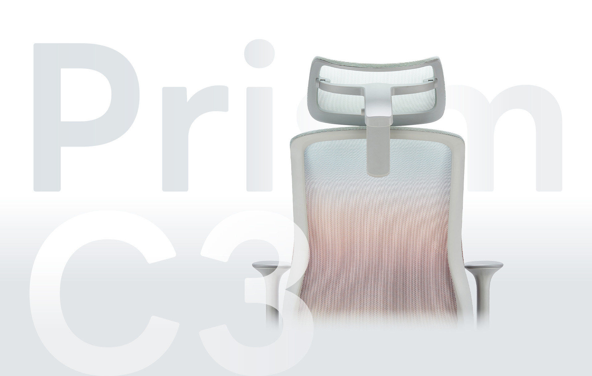 Prism C3 人體工學椅漸變彩網布款背面特寫，附可調頭枕